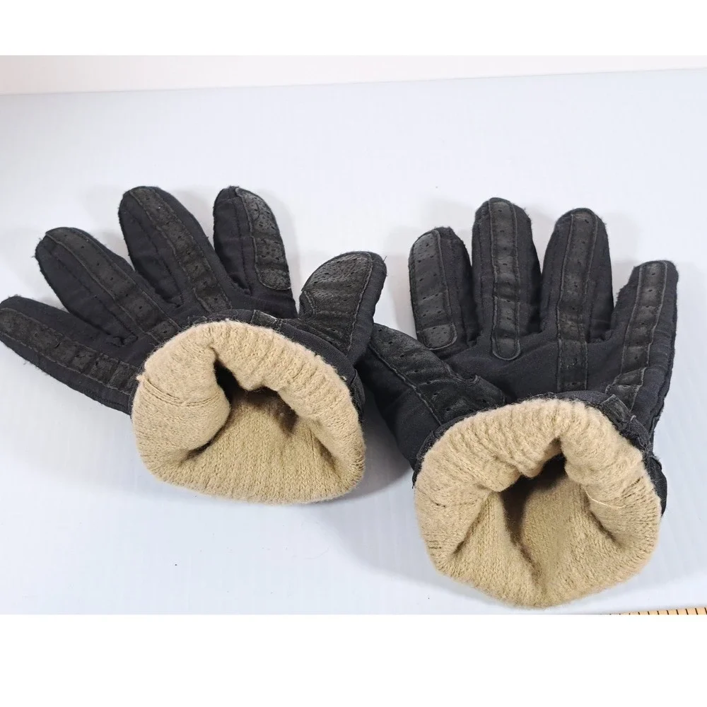 Vintage Black Winter Gloves Perforated Chevron Stripe Grip Warm Knit Lined Small